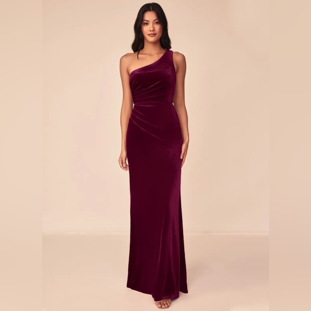 Azazie Cabernet A-Line One Shoulder Pleated Velvet Dress
